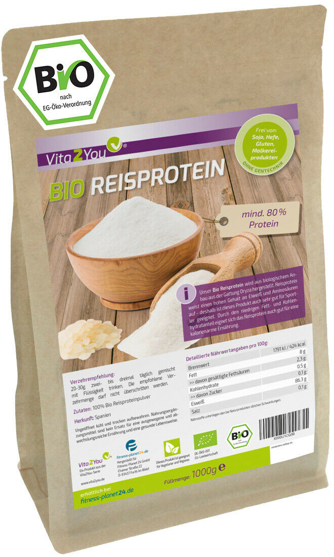 Vita2you Bio Reisprotein 1 Kg - Eu Anbau - 80% Protein - Glutenfrei - Eiweiss